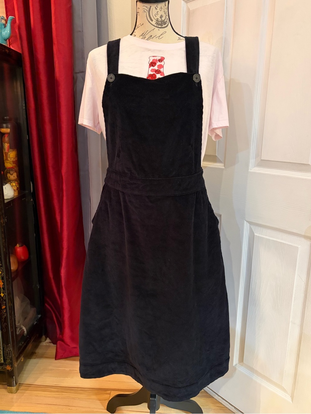 Sweet Salt Black Bib Corduroy Midi Dress